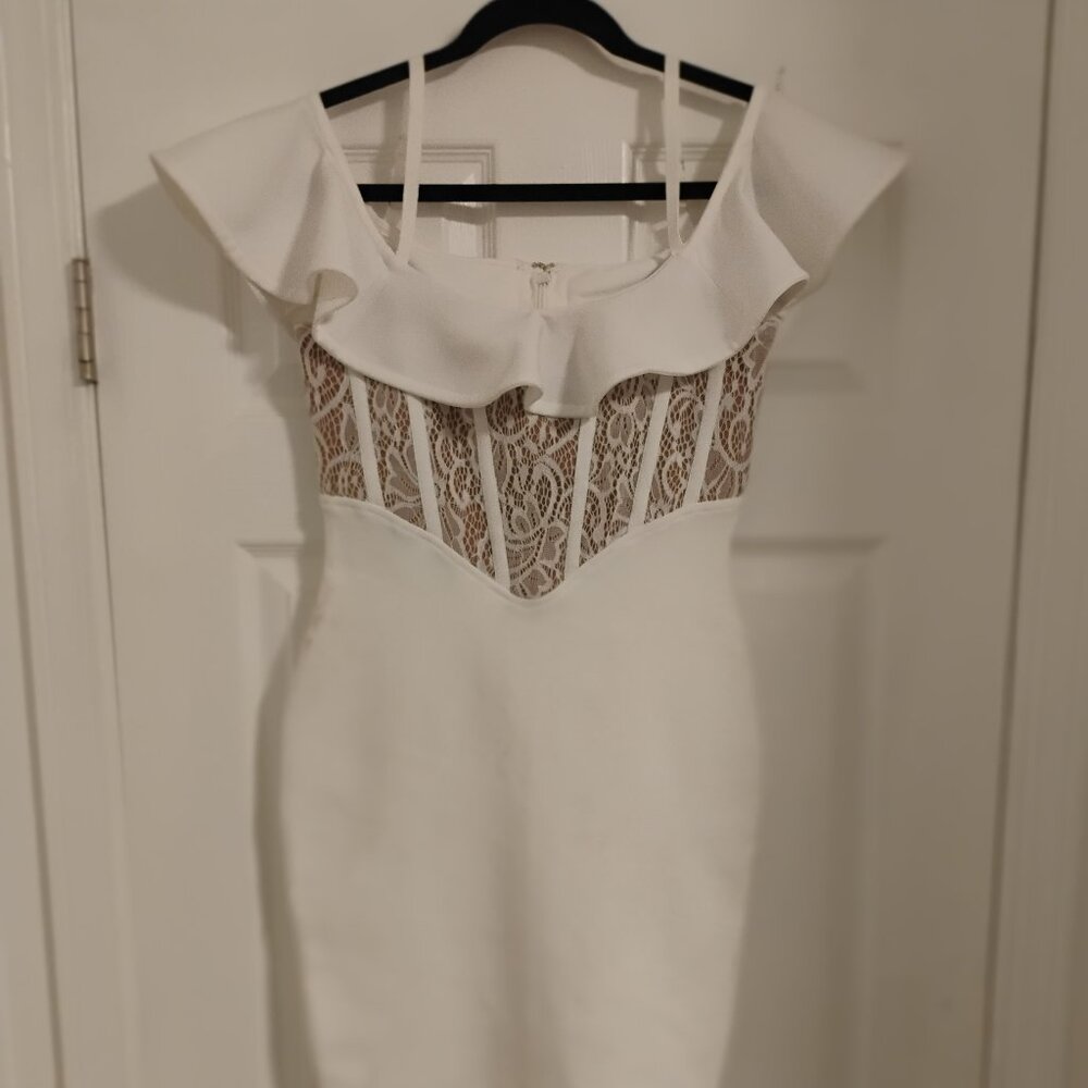 SHEIN Off Shoulder Ruffle Hem Perspective Lace Backless Bodycon Party Dress
